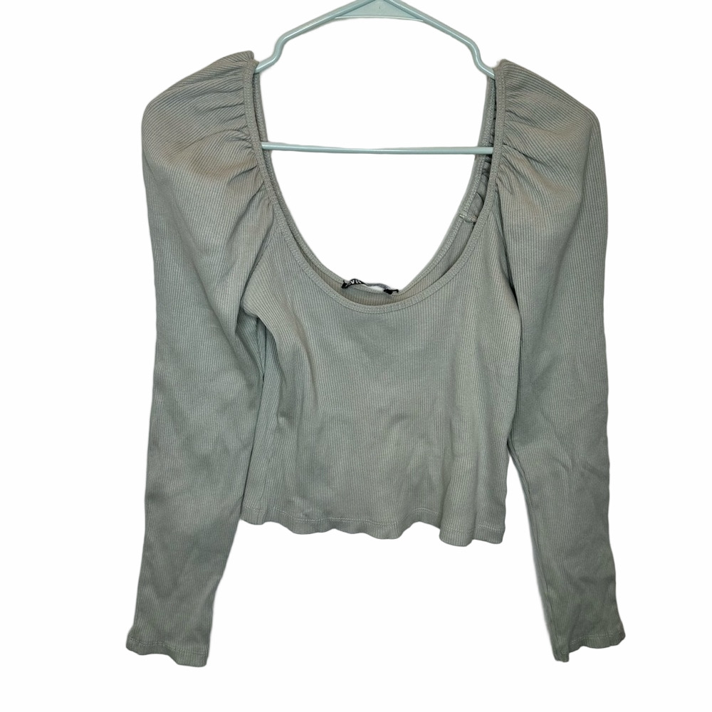 NWT ZARA Join Life Sage Ribbed Puff Sleeve Scoop Neck Cropped Top Size Small